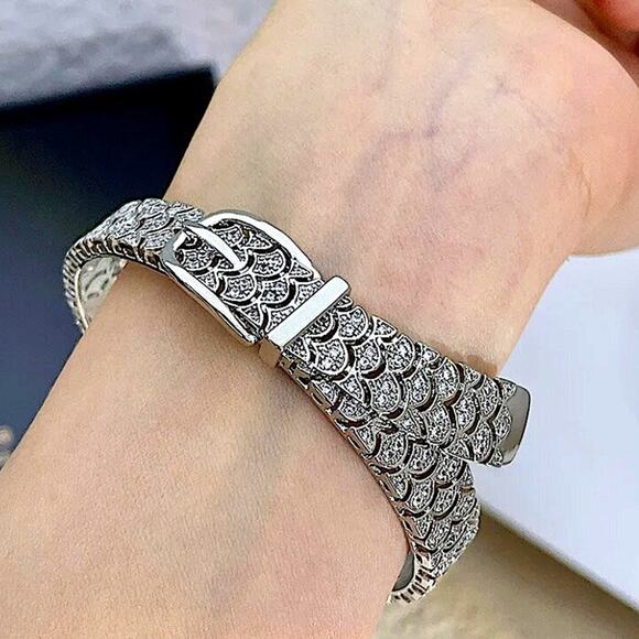 Sterling Silver Buckle Bangle Bracelet, Zircon Cuff Belt Buckle, Minimalist - Picture 4 of 10